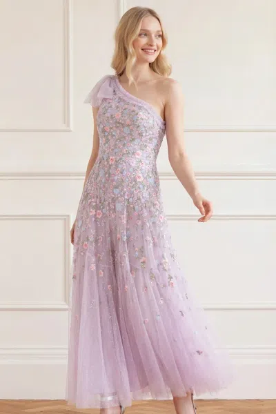 Needle & Thread Sylvia Rose One-shoulder Bow Ankle Gown In Purple