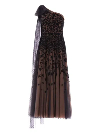 Needle & Thread Sylvia Rose One-shoulder Bow Ankle Gown In Brown