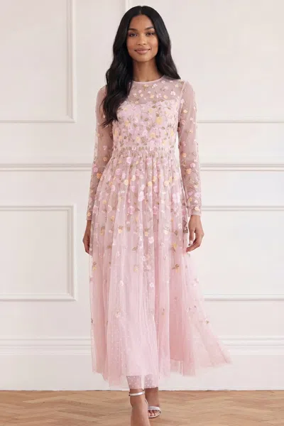 Needle & Thread Trailing Roses Long Sleeve Ankle Gown In Pink