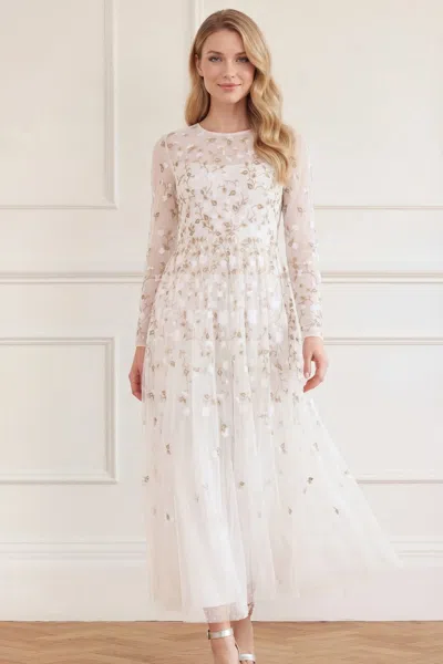 Needle & Thread Trailing Roses Long Sleeve Ankle Gown In White