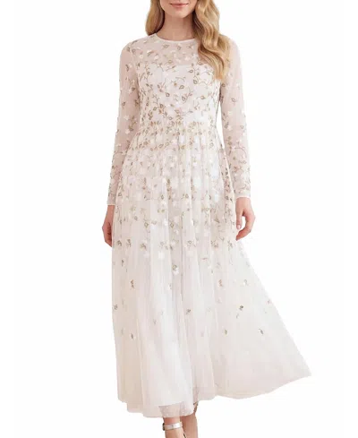 Needle & Thread Trailing Roses Long Sleeve Maxi Gown In Swan White/white