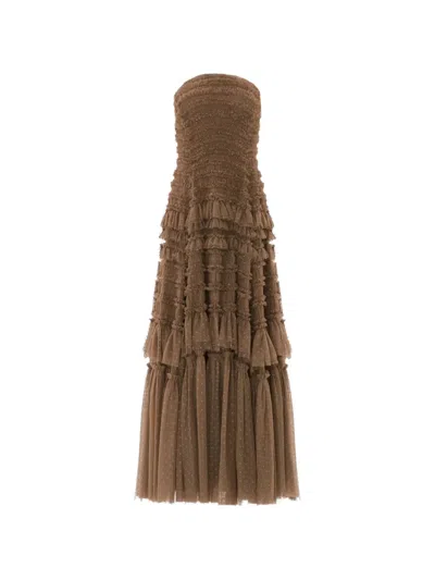 Needle & Thread Valentine Ruffle Strapless Maxi Dress In Brown