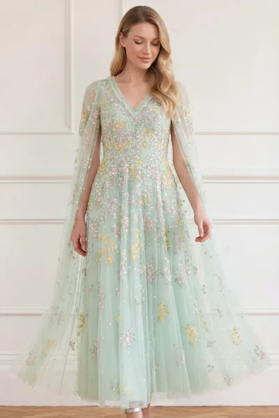 Needle & Thread Versailles Ditsy V-neck Cape Sleeve Ankle Gown In Green