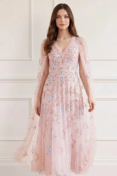 Needle & Thread Versailles Ditsy V-neck Cape Sleeve Ankle Gown In Pink