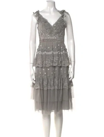 Pre-owned Needle & Thread V-neck Midi Length Dress In Gray