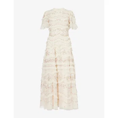 Needle & Thread Womens Cream/multi Marina Floral Ruffle Mesh Gown