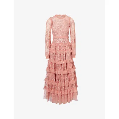 Needle & Thread Womens Misty Rose Blossom Lace Tiered Tulle Gown In Pink