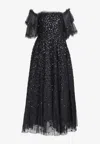 Needle & Thread Autumn Leaves Off-shoulder Sequined Gown In Black