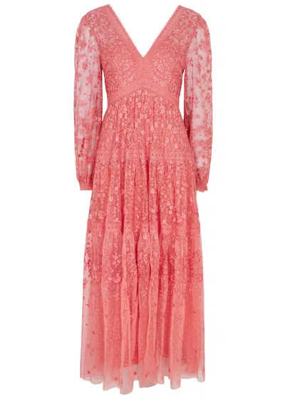 Needle & Thread Celestia Ribbon Embroidered Tulle Maxi Dress In Pink