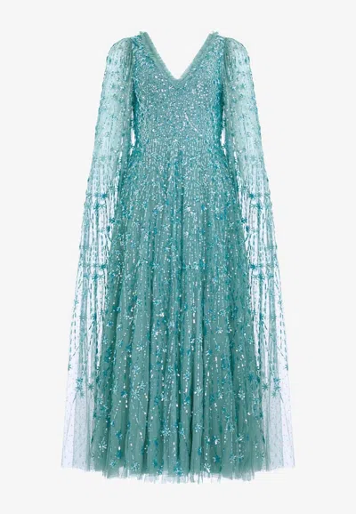 Needle & Thread Comet V-neck Sequined Gown In Cyan