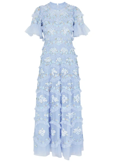 Needle & Thread Daisy Wave Floral-embroidered Tulle Dress In Blue