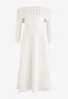 Needle & Thread Embellished Bardot Off-shoulder Knit Midi Dress In Cream