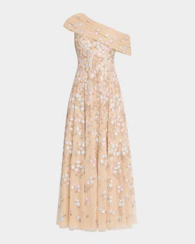 NEEDLE & THREAD EVERETT BLOOM ONE-SHOULDER EMBROIDERED GOWN