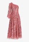 Needle & Thread Falling Leaves One-shoulder Ankle Gown In Pink