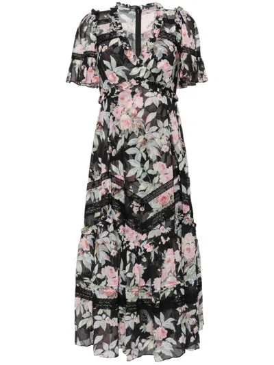 Needle & Thread Floral-print Lace Dress In Black