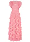 Needle & Thread Genevieve Ruffled Tulle Gown In Coral