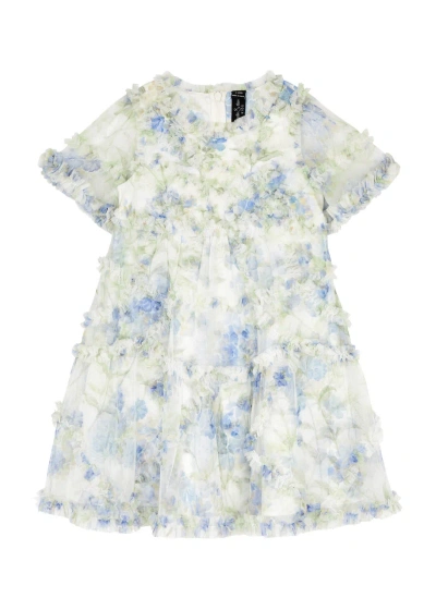 Needle & Thread Kids Maeve Floral-print Tulle Dress In Blue