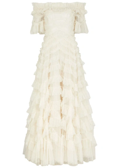 Needle & Thread Lana Off-the-shoulder Ruffled Tulle Gown In Cream