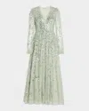 Needle & Thread Sequin-embellished Long-sleeve Gown In Bay Green
