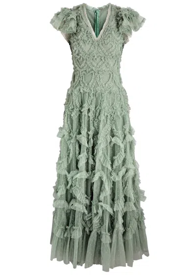Needle & Thread Amorette Ruffled Tulle Gown In Sage