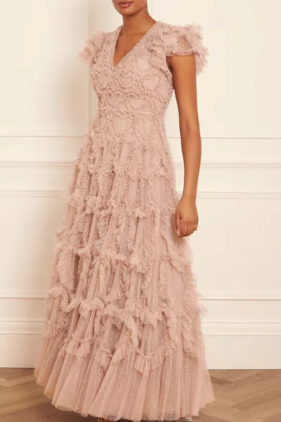 Needle & Thread Amorette V-neck Ruffled Gown In Beige