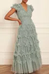 Needle & Thread Amorette Ruffled V-neck Gown In Green