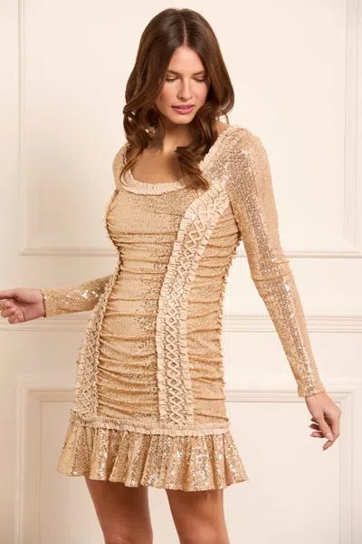Needle & Thread Arabella Long Sleeve Micro Mini Dress In Beige