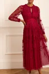 Needle & Thread Autumn Lace Embroidered Tulle Maxi Dress In Red