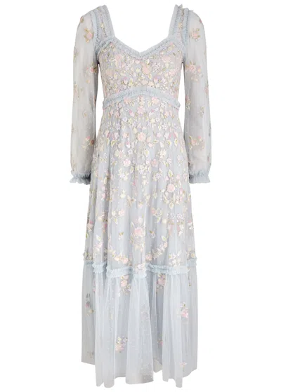 Needle & Thread Blossom Chain Floral-embroidered Tulle Gown In Light Blue