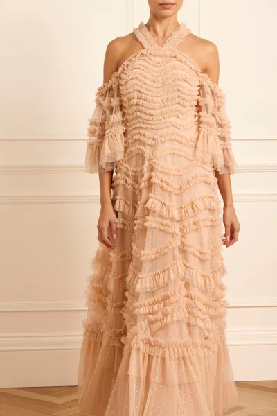 Needle & Thread Tulle Halterneck Bronte Gown In Gold