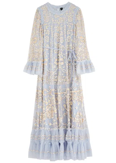 Needle & Thread Celia Sequin-embellished Ruffled Tulle Gown In Blue
