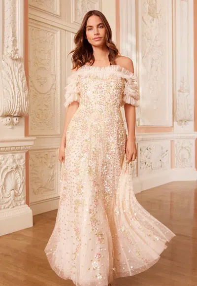 Needle & Thread Confetti Ruffle Off-shoulder Ankle Gown In Champagne