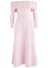 Needle & Thread Embellished Bardot Off-shoulder Knit Midi Dress In Pink