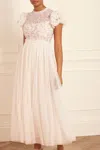 Needle & Thread Dahlia Ditsy Bodice Round Neck Ankle Gown In Champagne