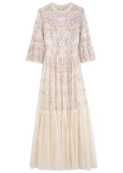 Needle & Thread Dragonfly Garden Embroidered Tulle Gown In Cream