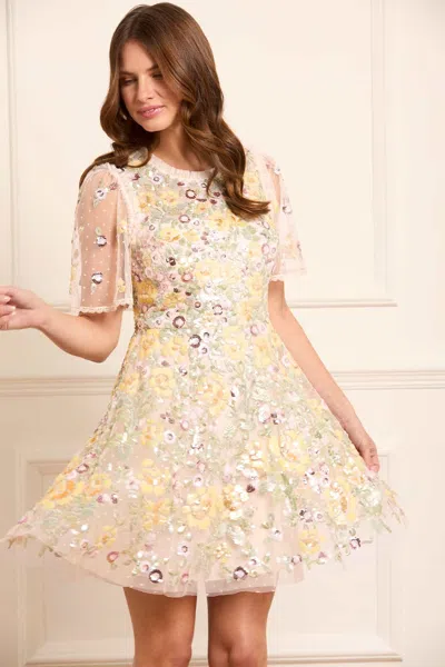 Needle & Thread Elina Rose Short Sleeve Mini Dress In Champagne