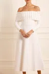 Needle & Thread Embellished Bardot Off-shoulder Knit Midi Dress In Champagne