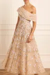 Needle & Thread Everett Bloom One-shoulder Embroidered Gown In Gold
