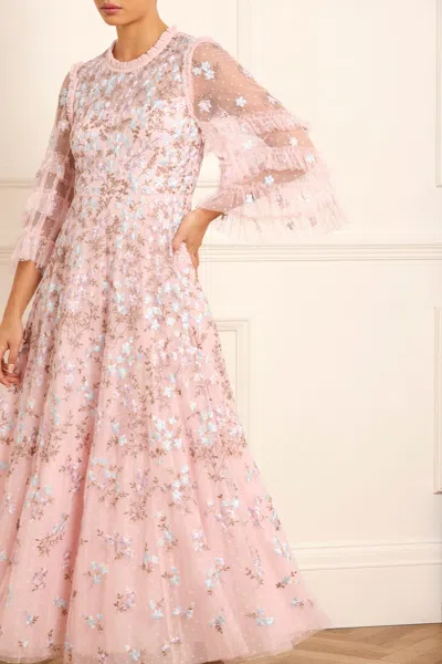 Needle & Thread Everett Bloom Round Neck Ankle Gown In Pink