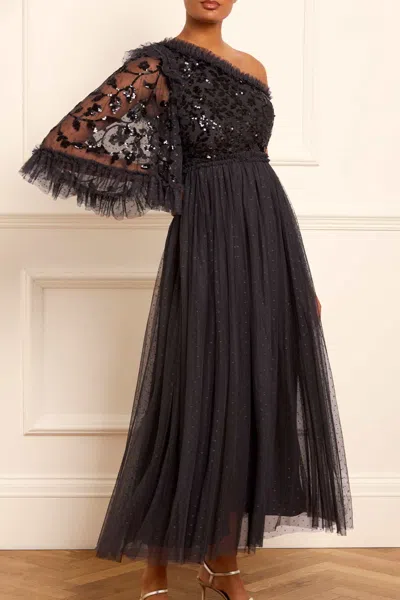 Needle & Thread Falling Leaves Bodice One-shoulder Ankle Gown In Black