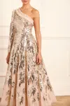 Needle & Thread Feather Sequin One-shoulder Ankle Gown In Beige