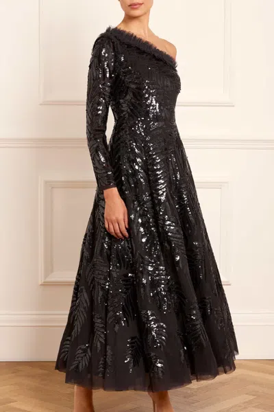 Needle & Thread Feather Sequin One-shoulder Ankle Gown In Black