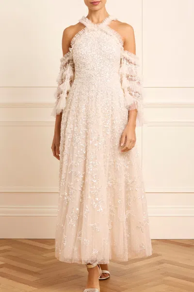Needle & Thread Floral Lace Off-shoulder Ankle Gown In Champagne