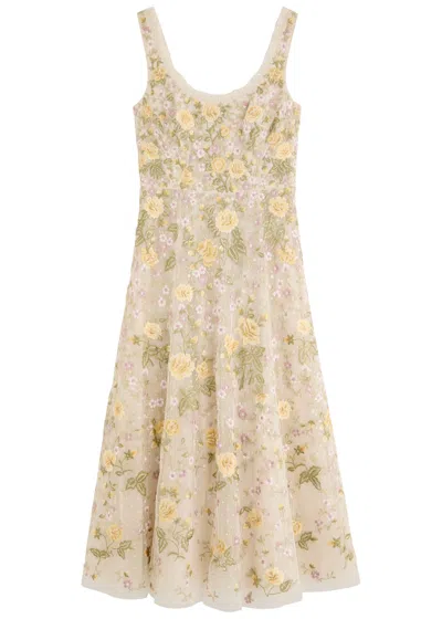 Needle & Thread Florine Floral-embroidered Tulle Midi Dress In Cream