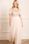 Needle & Thread Flowerbed Embroidery Bodice Round Neck Ankle Gown In Champagne