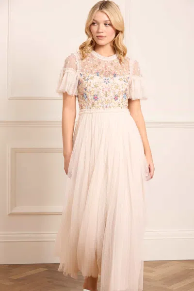 Needle & Thread Flowerbed Embroidery Bodice Round Neck Ankle Gown In Champagne
