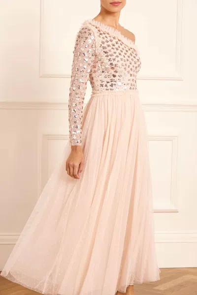Needle & Thread Glisten Bodice One-shoulder Ankle Gown In Beige
