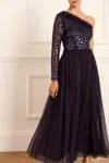 Needle & Thread Glisten Bodice One-shoulder Ankle Gown In Blue