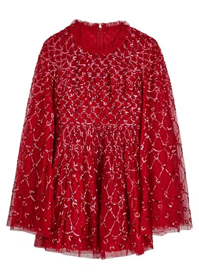 NEEDLE & THREAD NEEDLE & THREAD HEART LATTICE EMBELLISHED CAPE-EFFECT MINI DRESS