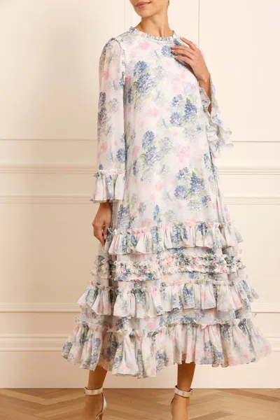 Needle & Thread Hydrangea Chiffon Round Neck Ankle Gown In Multi